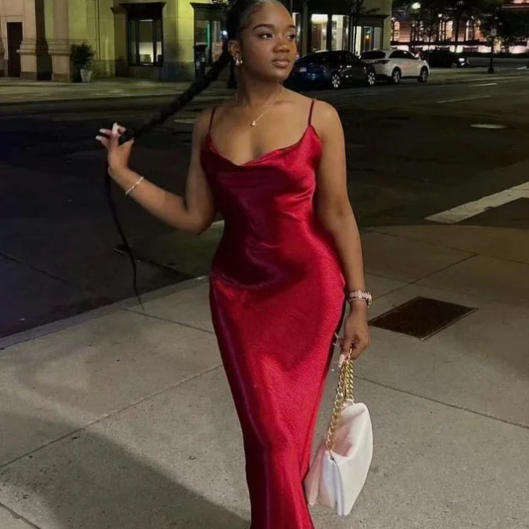 Elegant Satin Backless Maxi Dress For Women Gown Summer Spaghetti Strap Sleeveless Night Club Party Long Dress Vestido