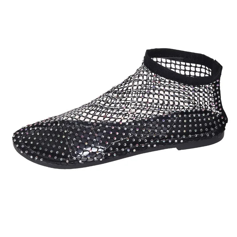 Women's Mesh Boots Fashion Hollow Out Full Sandals Full Rhinestone Sports Casual Women Shoes Comfortable Elegant Ethnic Style black