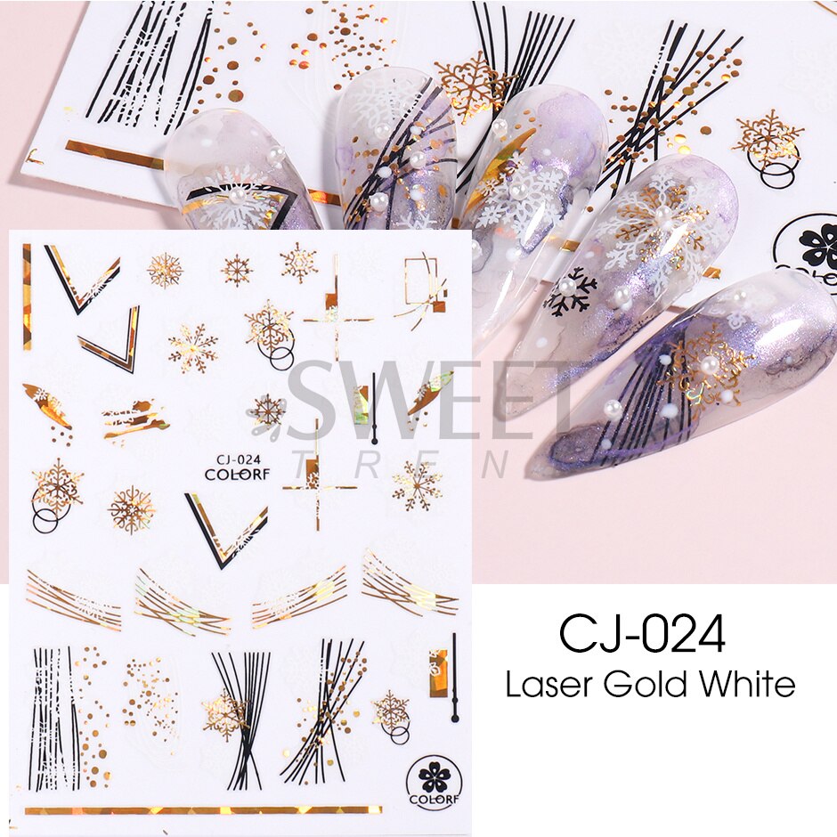 Snow Bird Winter Autumn Nail Art Stickers Maple Leaf Cotton Flower Fall Design Line Adhesive Sliders Manicure Decoration JINO-48 CJ-024 White Gold