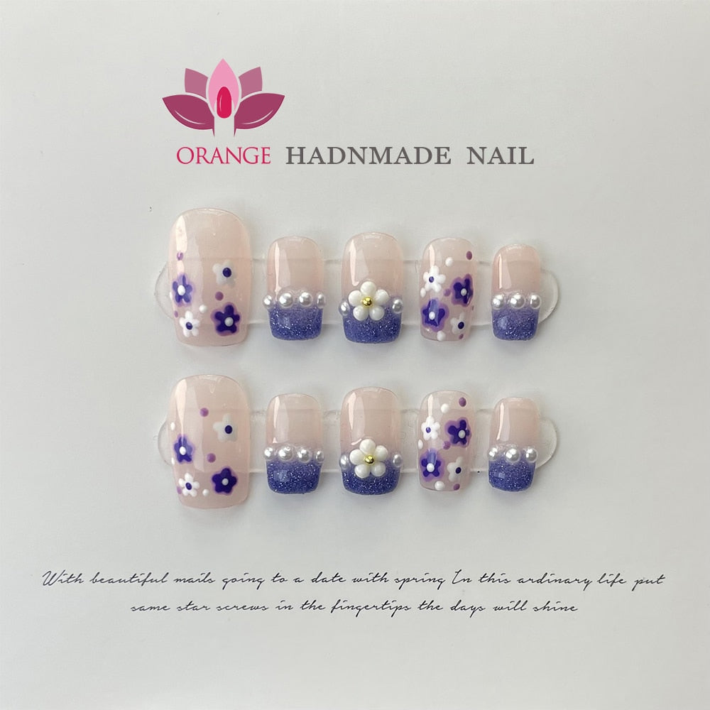 Presse on Nail Tips Full Cover With Designed Flower Deco Handwork Wearable Ballerina Artificial Korean Nail Art