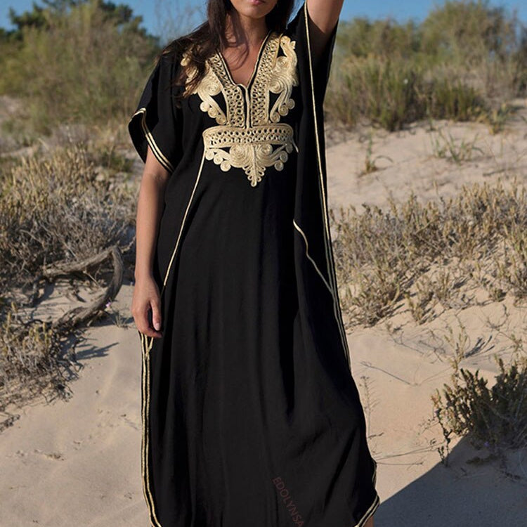Plus Size Kaftan Beach Tunic Women Summer Beachwear Swimsuit Cover Up 660-Black