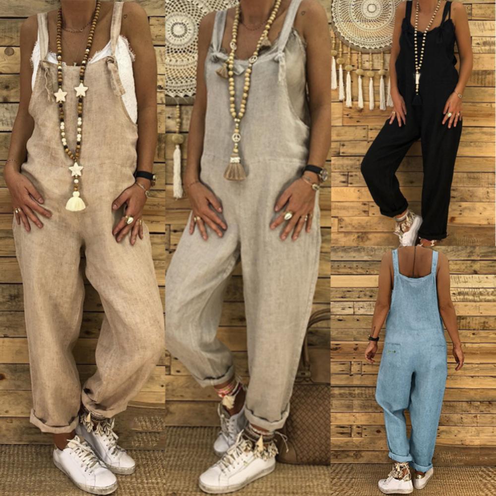 Solid Color Casual Overall Sleeveless Women Jumpsuit Straps Jumpsuit Loose Adjustable Bib women Bib
