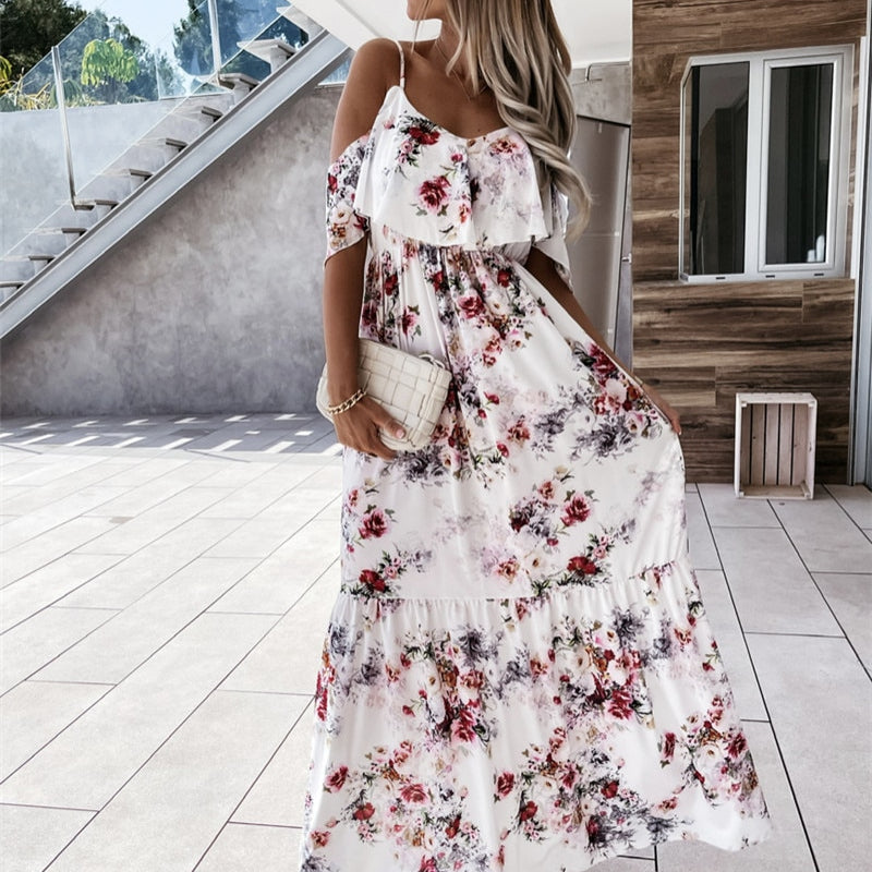 Women Boho Floral Cold Shoulder Elegant fashion Maxi Dress Ladies Summer Ankle - Lunghezza