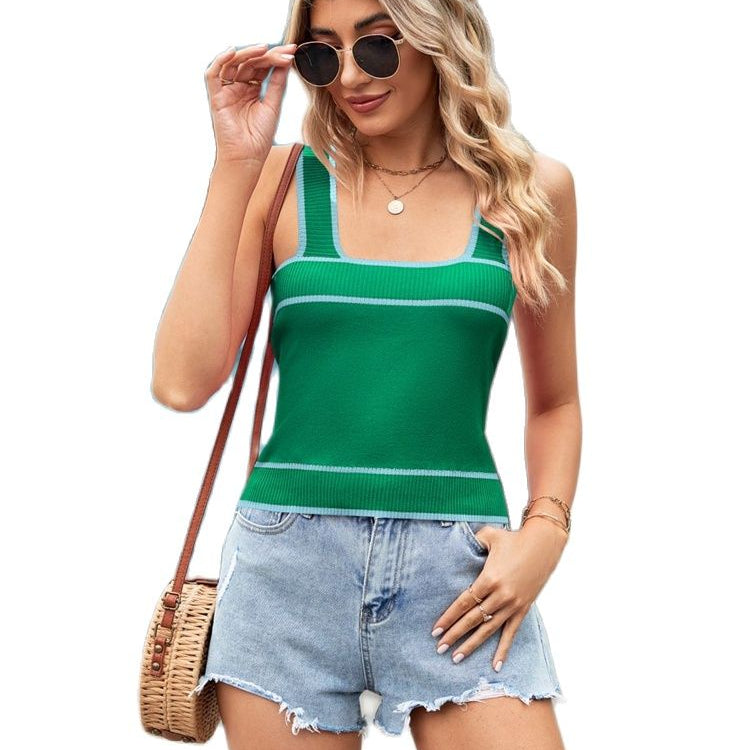 Women's 2024 Summer New Contrast Color Foreign Trade Knitted Sweater Short Style Crop Vest