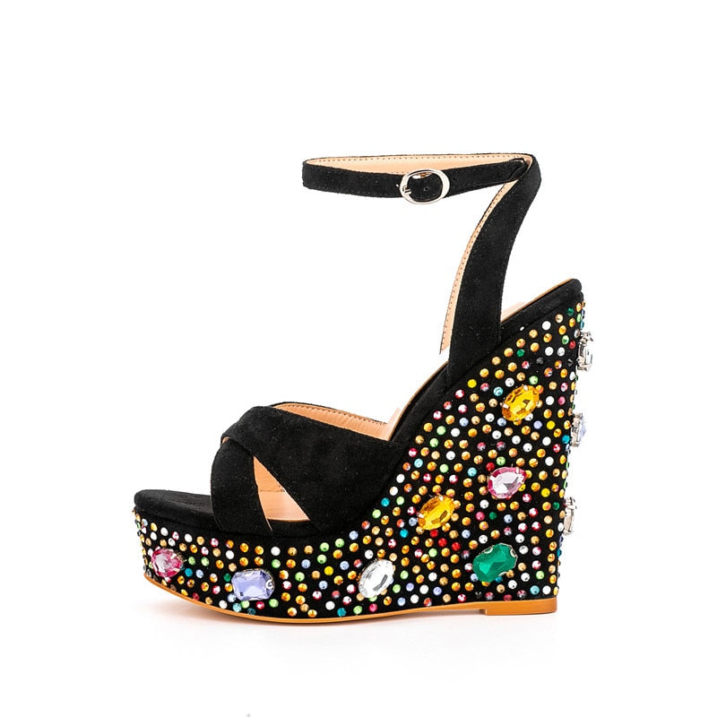 Summer New Suede Thick Bottom Wedge Sandals Round Head Diamond Inlaid Super High Heel Buckle Platform Fashion Sandals
