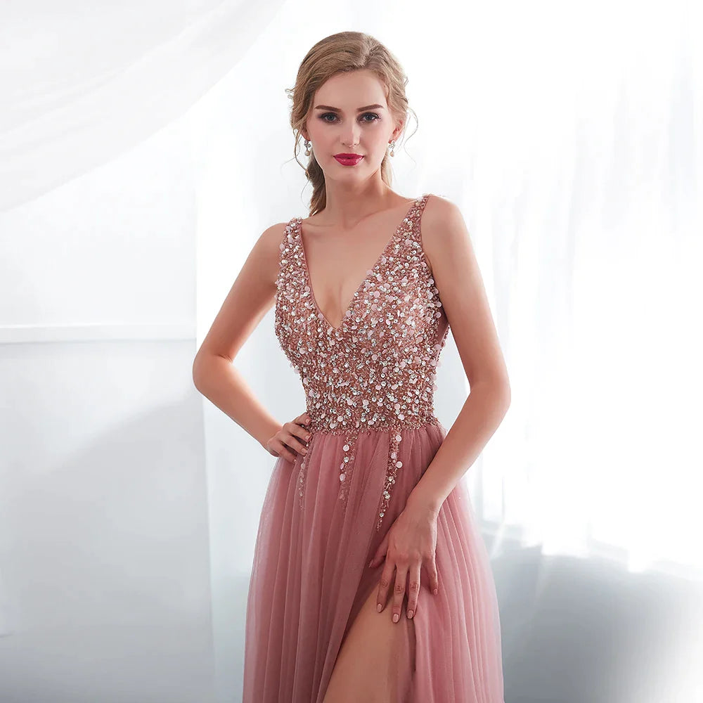 Beading Prom Dresses Sexy Pink High Split Tulle Sweep Train Sleeveless Evening Gown A-line Lace Up Backless Vestido De