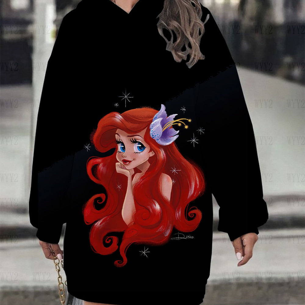 Women's Hoodie Dress Fall Fashion Print Long Sleeve Hooded Dress Women Disney Mermaid Women's Sweatshirt Streetwear