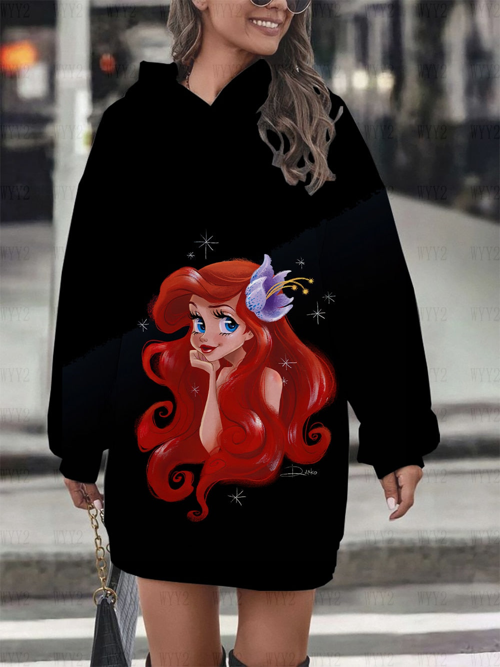 Huvtröja dam Höstmodetryck Långärmad huvklänning Dam Disney Mermaid Damtröja Streetwear