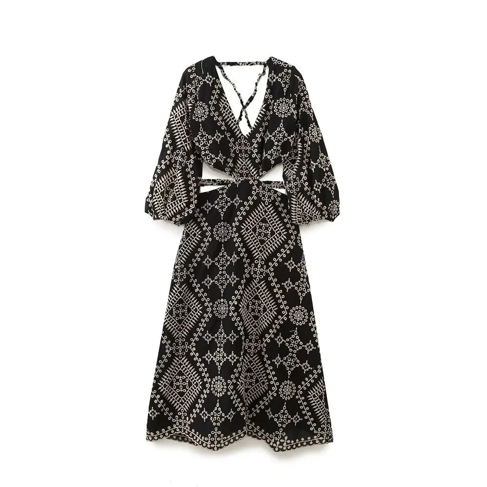 UNIZERA 2023 Summer New Women's V-neck Fluffy Sleeve Open Design Sexy Backless Long Dress Embroidered Midi Dress black