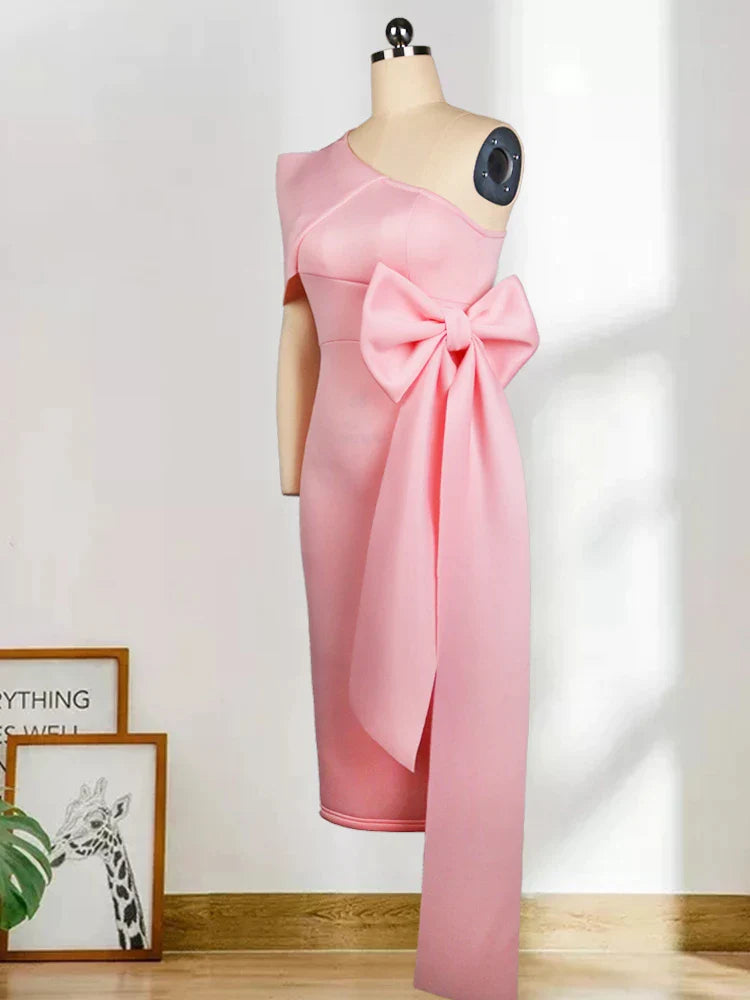 Women Pink Dress One Shoulder with Bowtie Waist Belt Party Christmas Elegant Slim Birthday African Event Celebrate Occasion New