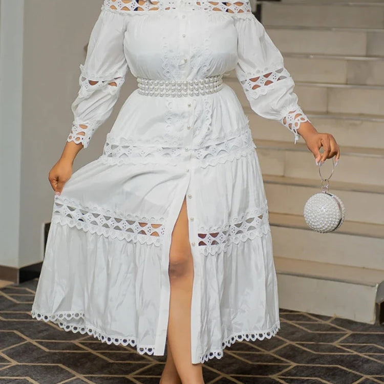 Elegant Women Hollow Out Lace Splice Mock Neck Lantern Long Sleeve Midi Dress with Belt Casual Party Club Outfits Plus Size