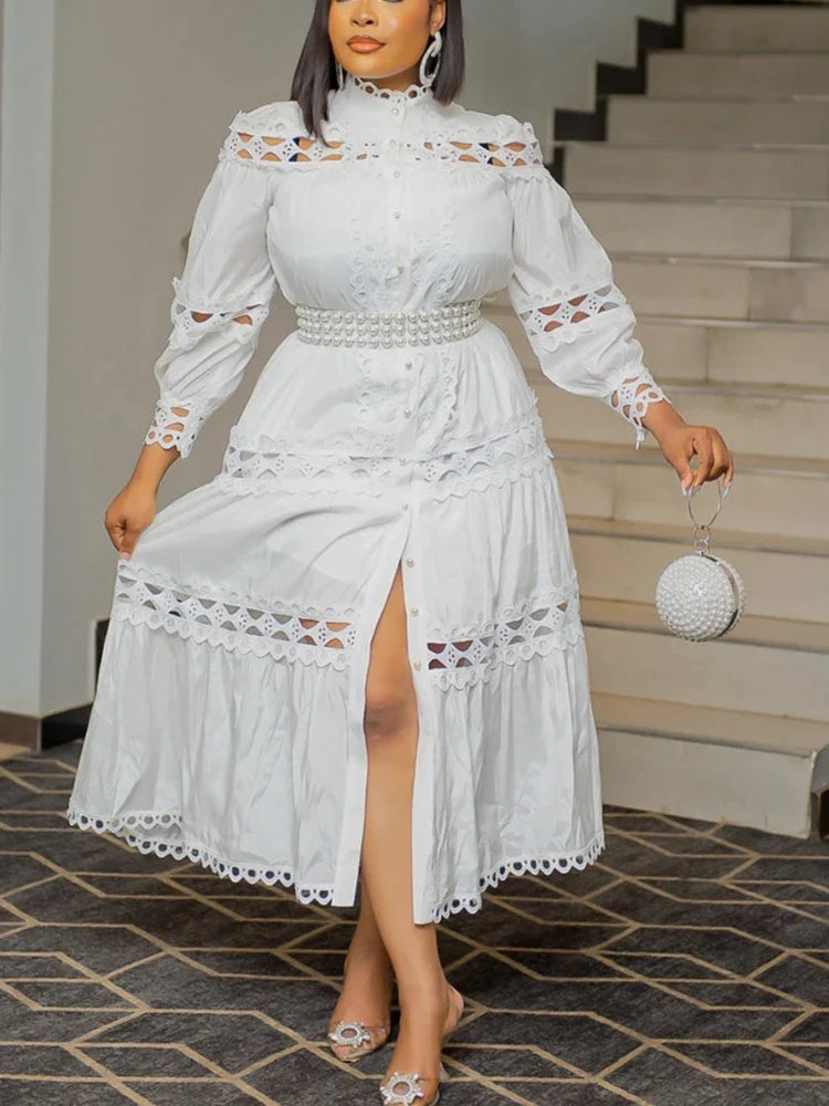 Elegant Women Hollow Out Lace Splice Mock Neck Lantern Long Sleeve Midi Dress with Belt Casual Party Club Outfits Plus Size