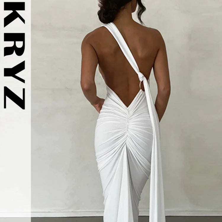 Ladies Night Club Wear Neon Y2K Summer Outfits Women Sleeveless Backless Halter Ruched Bodycon Evening Maxi Dress Birthday Party