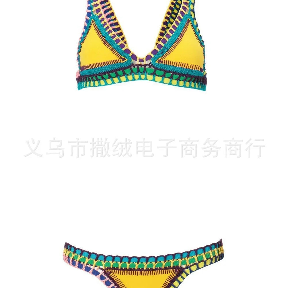 Hand Crocheted Bikini Knitted Splicing SWIMSUIT SET Plus Size Swimwear Women Yellow