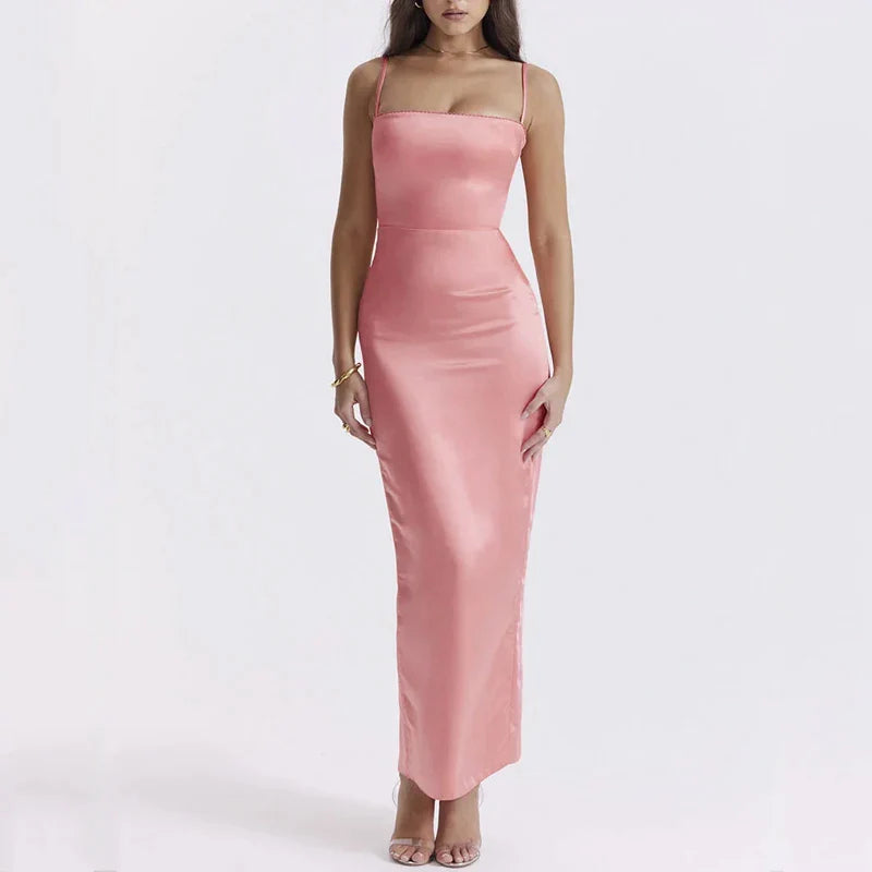 Women Maxi Dress Summer Satin Pink Solid Square Neck Suspender Slim Formal Occasion Evening Party Dresses Free Shipping