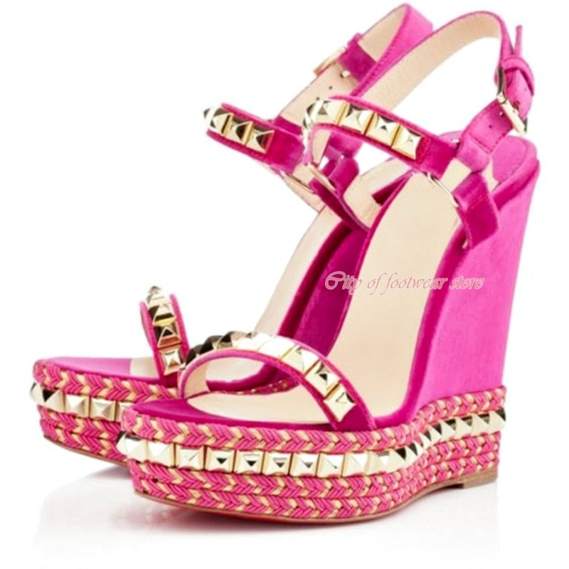 Women&#39;s Open Toe Platform Stud Espadrille Wedges Sandals Ankle Strap High Heeled Pump Luxury Designer Summer Beach Shoes Red