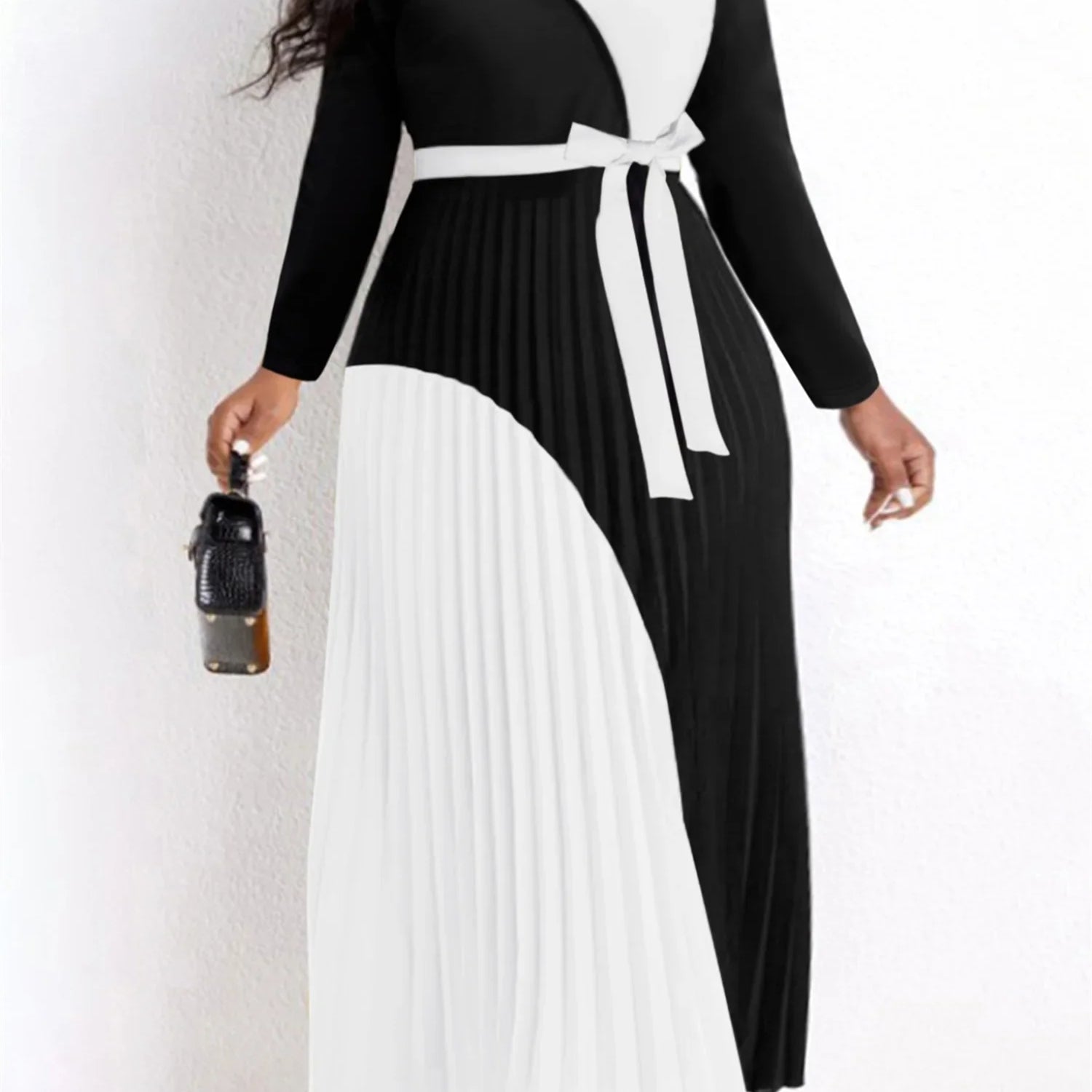 Elegant Fall Maxi Dresses Bandage Design Tiered Pleated A Line Dress Belted Long Sleeve V Neck Flowy Patchwork Vestidos