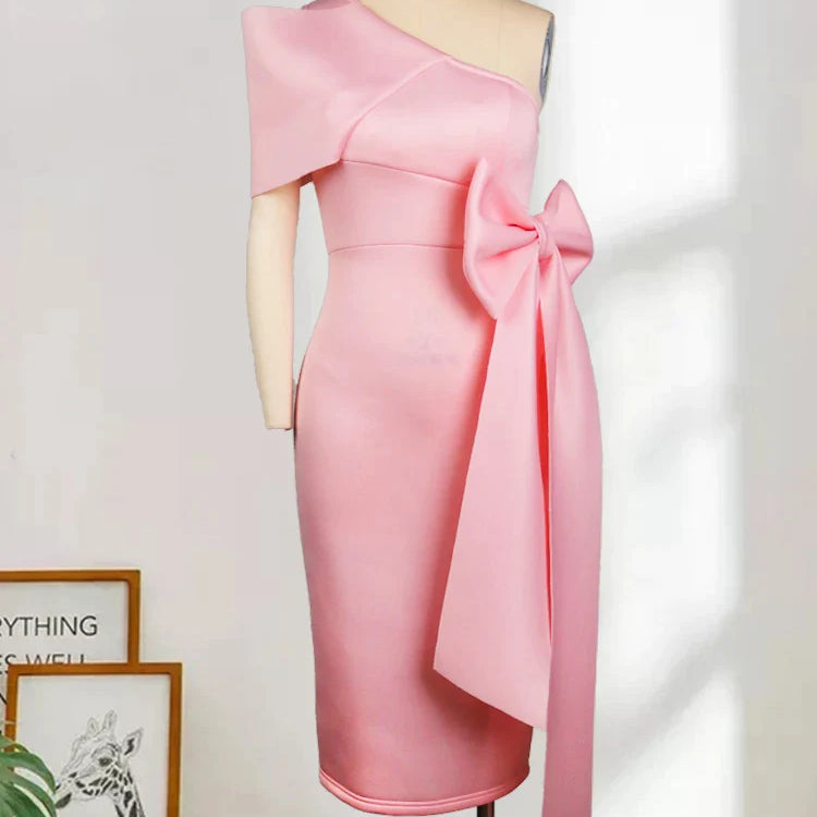 Women Pink Dress One Shoulder with Bowtie Waist Belt Party Christmas Elegant Slim Birthday African Event Celebrate Occasion New