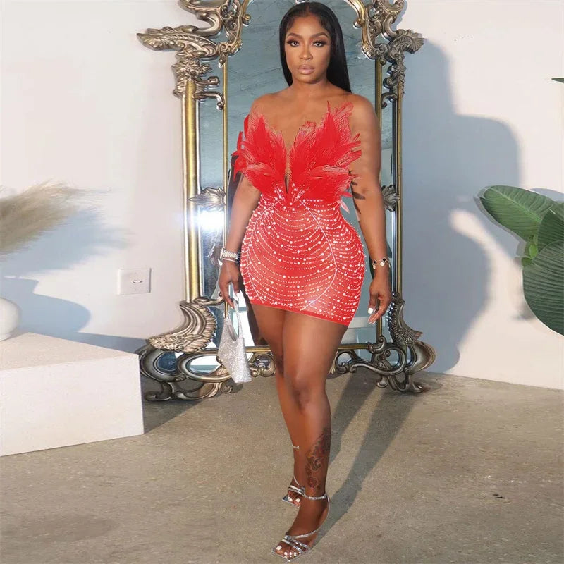Sexy Club Party Night Feathers Rhinestones Birthday Dresses for Woman Elegant Backless Diamond Sheer Mesh Bodycon Dress Vestidos Red