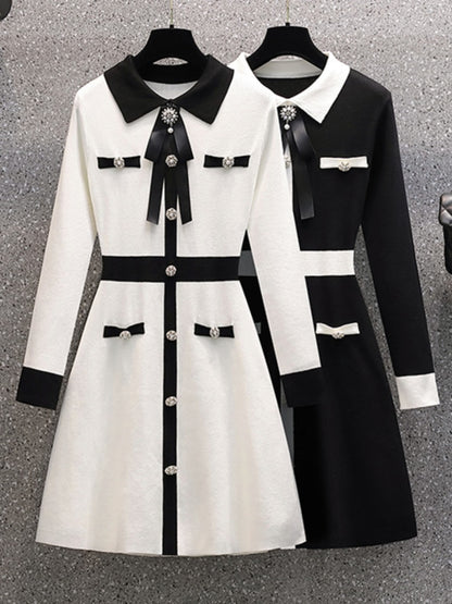 Petit parfum automne hiver tricoté Robe pull femmes noeud papillon boutons Vintage fête Mini Robe élégant décontracté Chic Robe Femme 