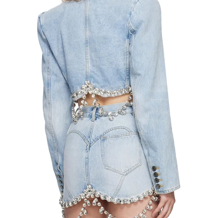 Spliced Diamonds Tassel Denim Two Piece Set For Women Lapel Long Sleeve Coat High Waist Mini Skirt Fashion Set 2023
