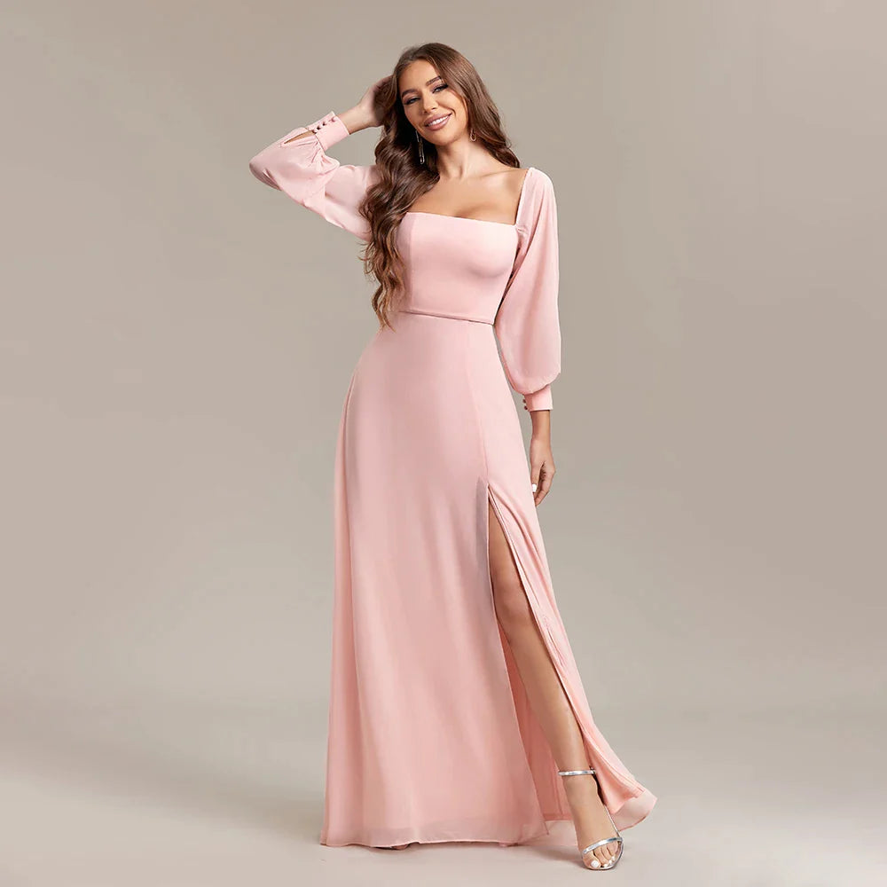 Women Strapless Pink Long Sleeved Bridesmaid Dresses Chiffon Free Wear Square Neck Party Gown Elegant Party Dress For Wedding