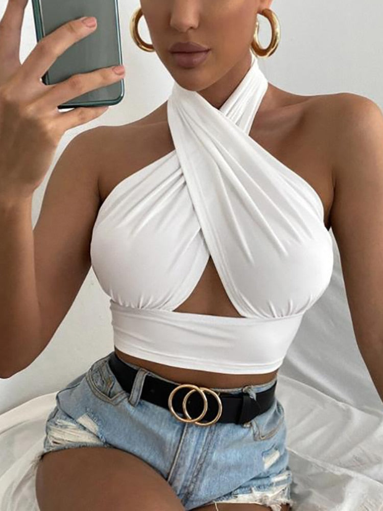 Women Summer Tank Tops Sexy Solid Color Cross Halter Neck Push Up Hollow Crop Tops High Street Wear 2024 New Fashion White