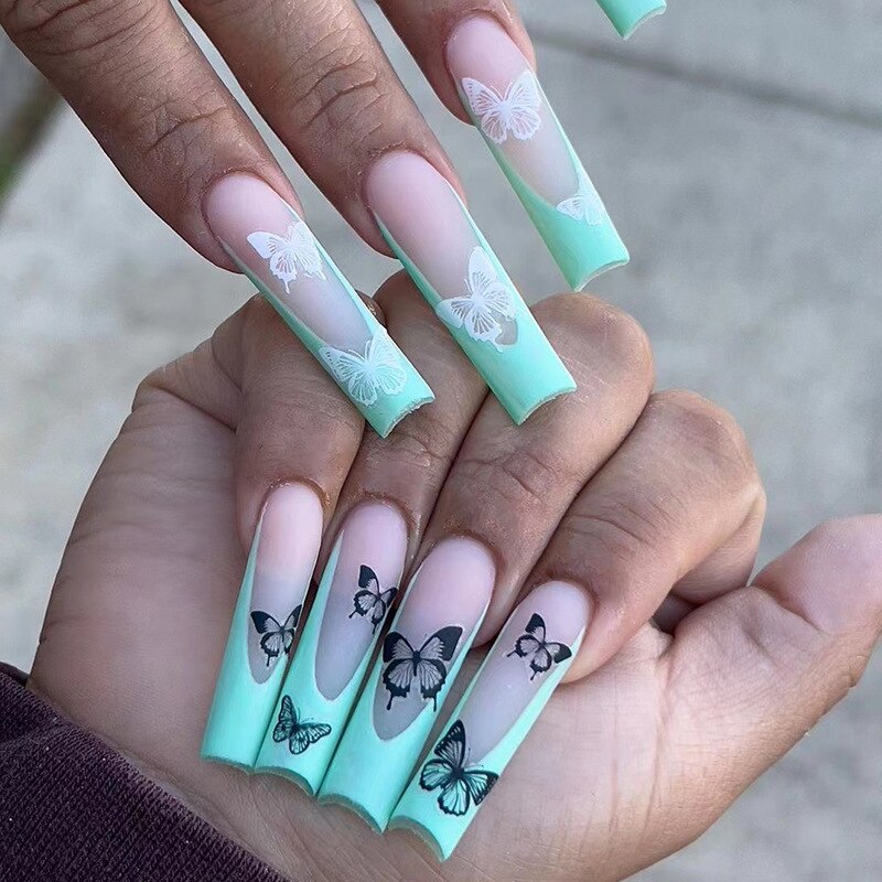 Sea Wave Carp Japanese Style Doodle False Nails Detachable Nude Pink Long Coffin Fake Nails with Glue Full Cover Press on Nails MT650JP1614