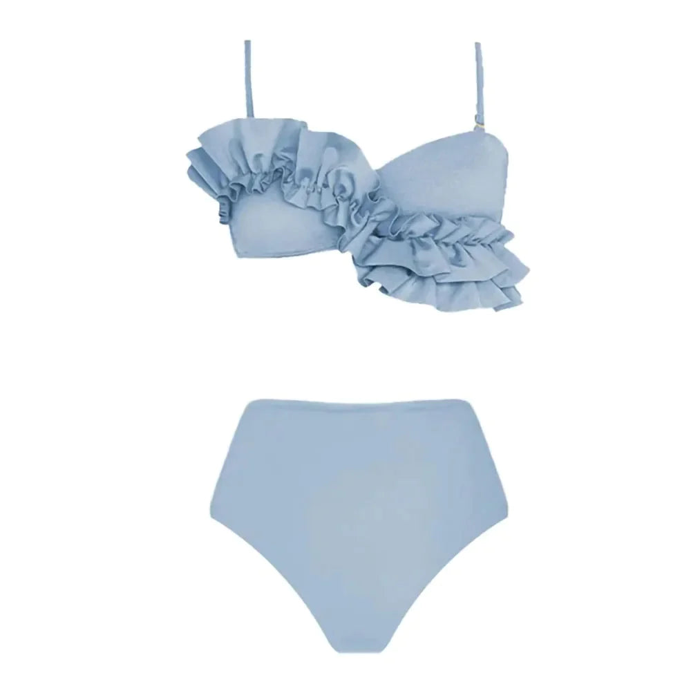 Fashion Solid Color Printed Bikini Lotus Leaf Sling Swimsuit Halter Elegant Waist Split Beach Dress bikini