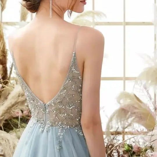 Sexy Prom Dresses with Slit Gorgeous Crystal Beads Backless V Neck Spaghetti Straps Formal Evening Gown