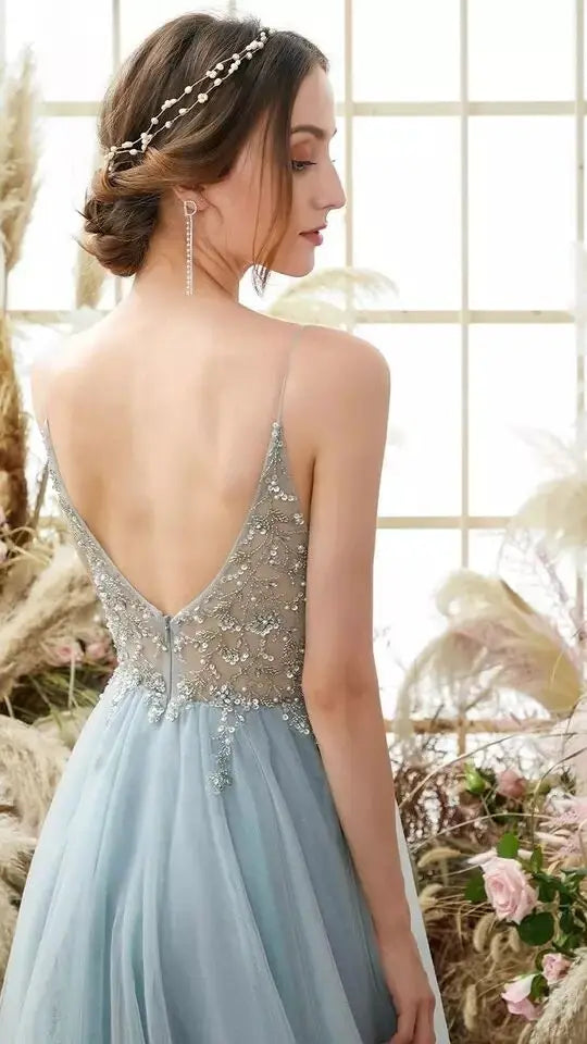 Sexy Prom Dresses with Slit Gorgeous Crystal Beads Backless V Neck Spaghetti Straps Formal Evening Gown