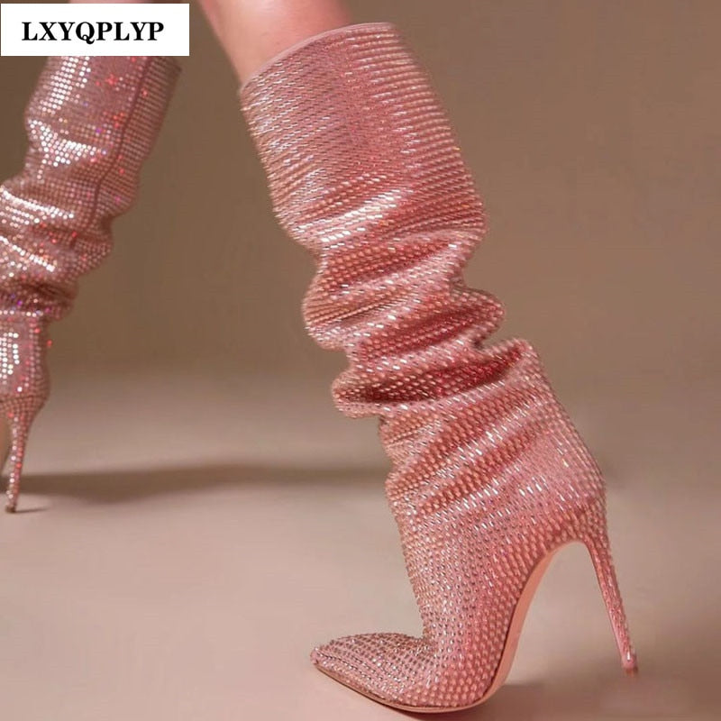 Women's New European and American Fashion Show Starry Sky High-heeled Rhinestone Pointed Nightclub Four Seasons Boots