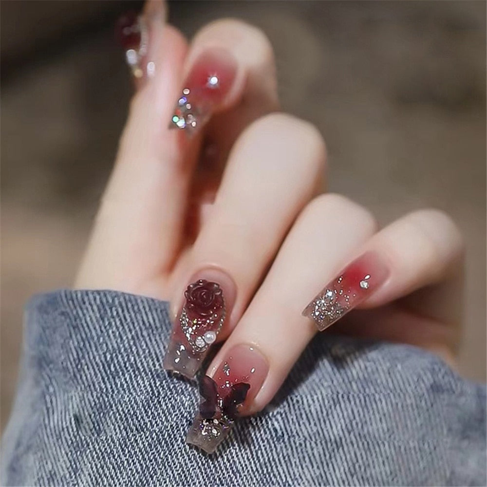 Trendy Crystal 3D Butterfly False Nail Tips Elegant Camellia Ballerina Manicure French Coffin Fake Nails Set Press on Nails