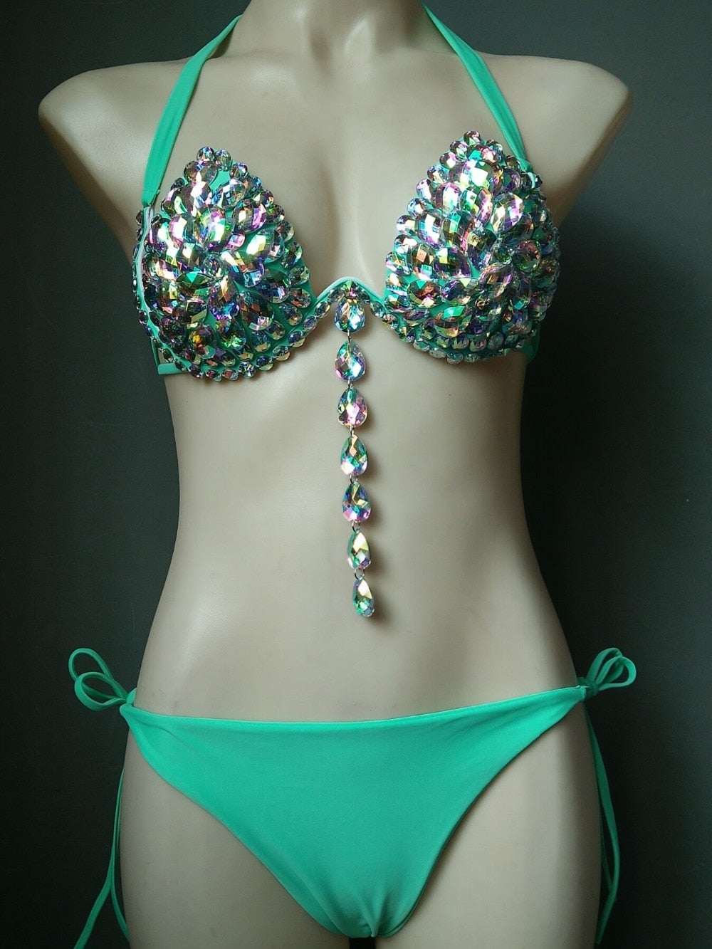 Sexy Gathered Crystal Diamond Bikini Luxury Rhinestone Women's Swimsuit Push Up Halter Straps Triangle Bathing Suit