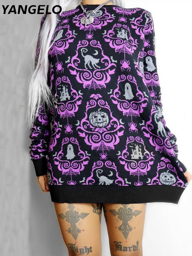 Yangelo Gothic Halloween Women's Pullover Round Neck Pumpkin Pattern Loose Long Sleeve Warm Autumn and Winter Street Y2K Sweater