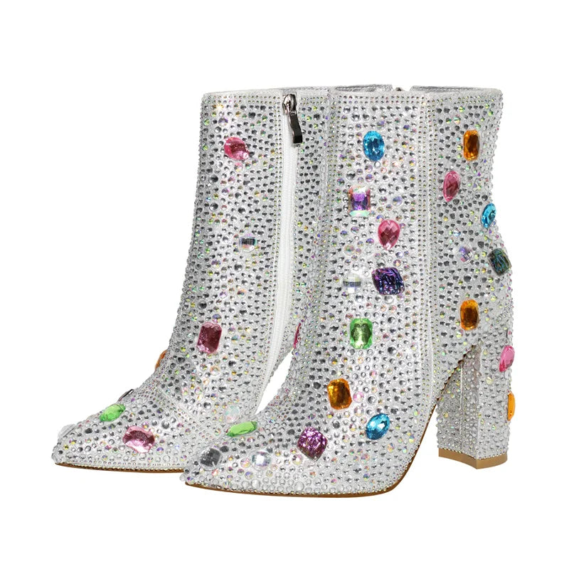 Women Rhinestones Ankle Boots Pointed Toe Zipper Luxury Bling Party Dress Big Size Lady Booties CD230920A