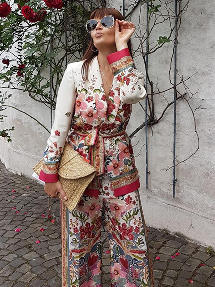 Retro Flower Printed Blazer Suits For Women Spring OL Casual Long Sleeve Jacket Wide-Leg Pants Female Trendy 2 Piece Sets Outfit