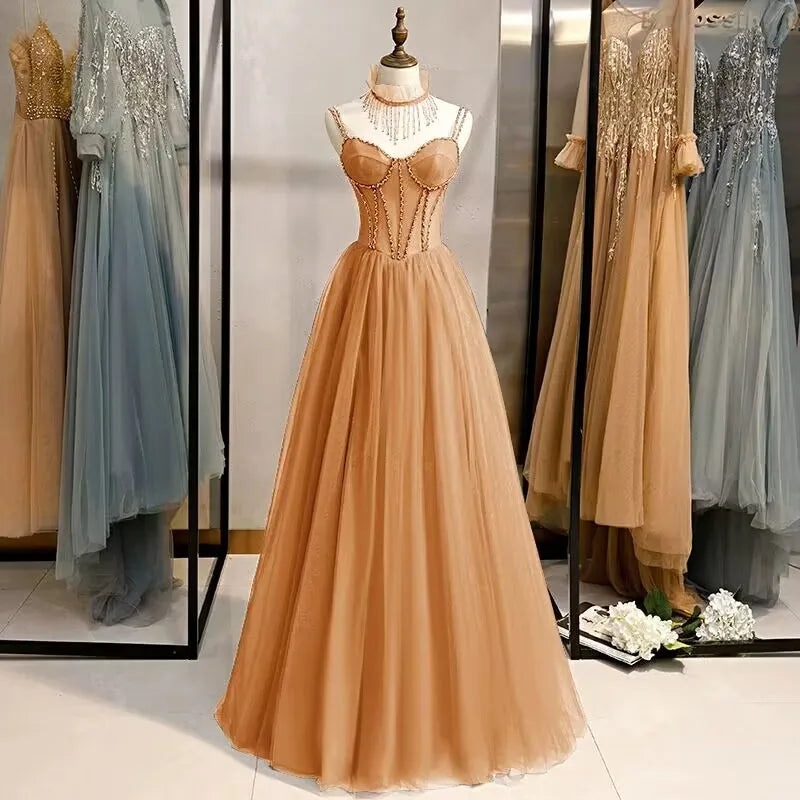 Prom Party Dresses Sexy See-Through Bodice Floor Length Evening Dress Formal Occasion Gown gold