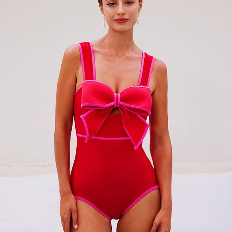 Women Vintage 3D Bow-tie One Piece Swimsuit Set Vacation Swimwear Beachwear Bathing Suit Bikini Monokini Bodysuit onepiece