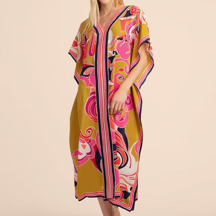 Printed Kaftans for Women Beach Cover Up Seaside Maxi Bohemian Dresses Beachwear Pareo Bathing Suits yellow flower covers