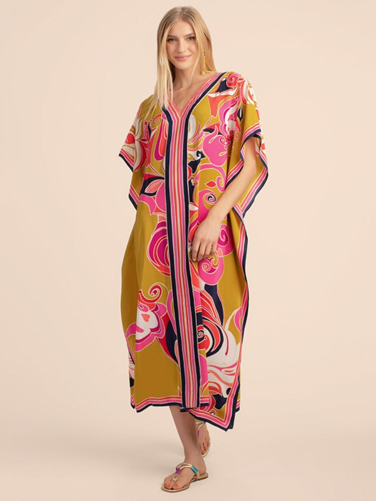 Printed Kaftans for Women Beach Cover Up Seaside Maxi Bohemian Dresses Beachwear Pareo Bathing Suits yellow flower covers