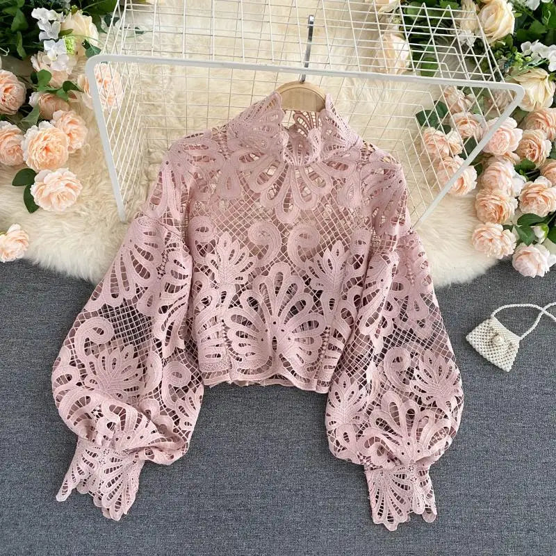 Sexy Lace Hollow Out Short Blouse Casual Lantern Long Sleeve Stand Collar Shirts Female Elegant Red/Pink/White Loose Tops Pink One Size