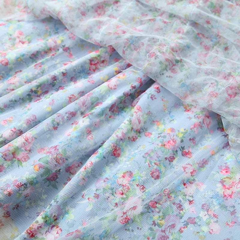 Luxury Ruffles Layered Floral Print Mesh Long Dresses for Women Party Evening Gown Elegant Spring Designer Maxi Dress