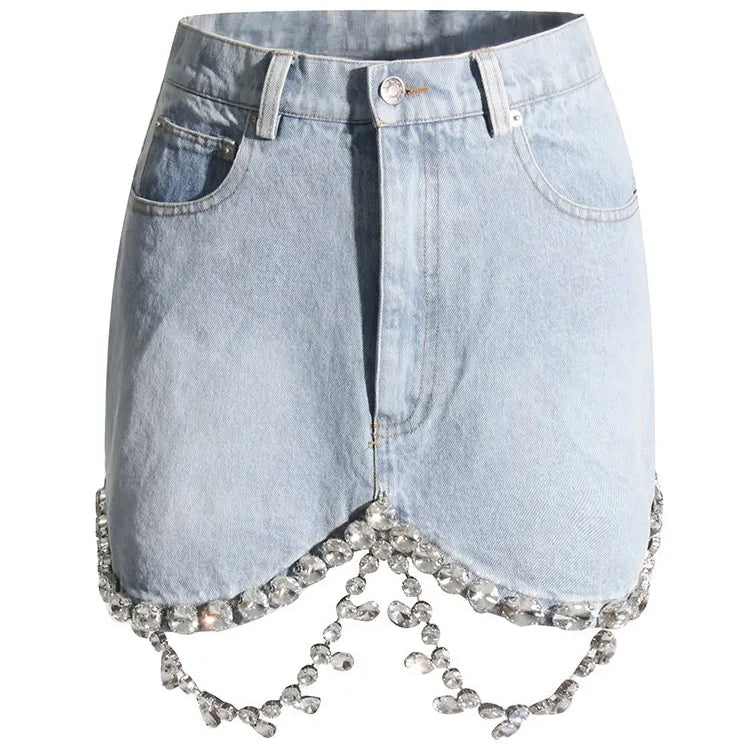 Spliced Diamonds Tassel Denim Two Piece Set For Women Lapel Long Sleeve Coat High Waist Mini Skirt Fashion Set 2023 LIGHTBLUE SKIRT