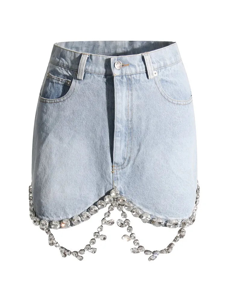 Spliced Diamonds Tassel Denim Two Piece Set For Women Lapel Long Sleeve Coat High Waist Mini Skirt Fashion Set 2023 LIGHTBLUE SKIRT