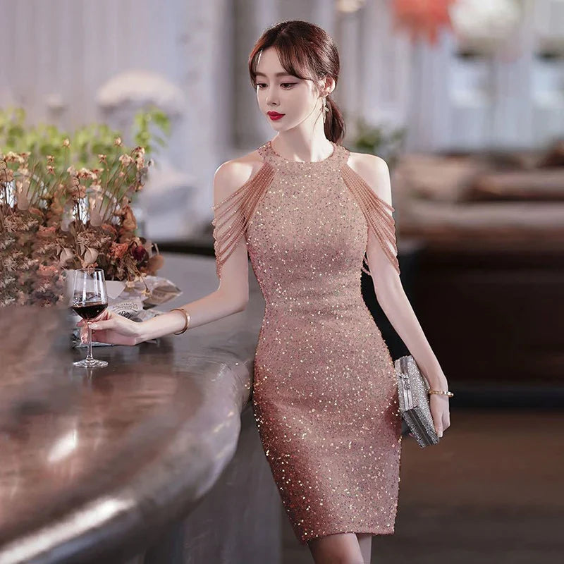 Short Sexy Sequin Robe Cocktail Dress Elegant Women Party Midi Mermaid Dress Vestido Formal Dresses Picture color