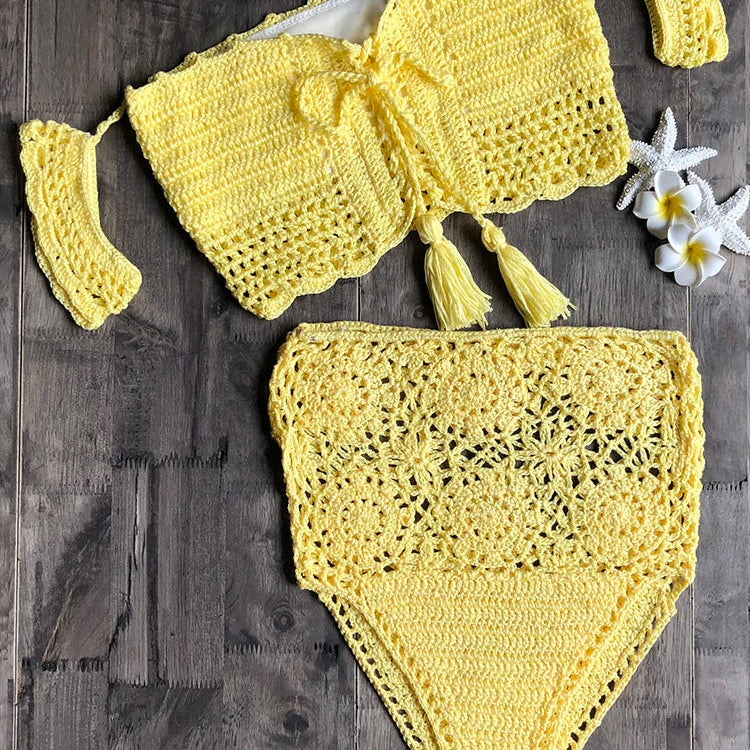 Crochet High Leg Bandeau Bikini Set Swimwear Female Two Pieces Swimsuit High Waist Bikini Women Bathing Suit Biquini 2019 New Yellow