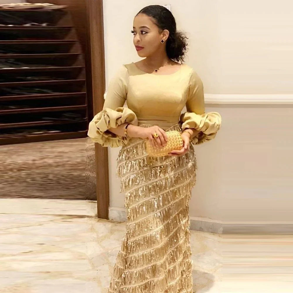 Women's Dresses Round Neck Lantern Long Sleeve Tassel Slim Gold Dress Autumn Ladies Elegant Party Evening Clothes Gold