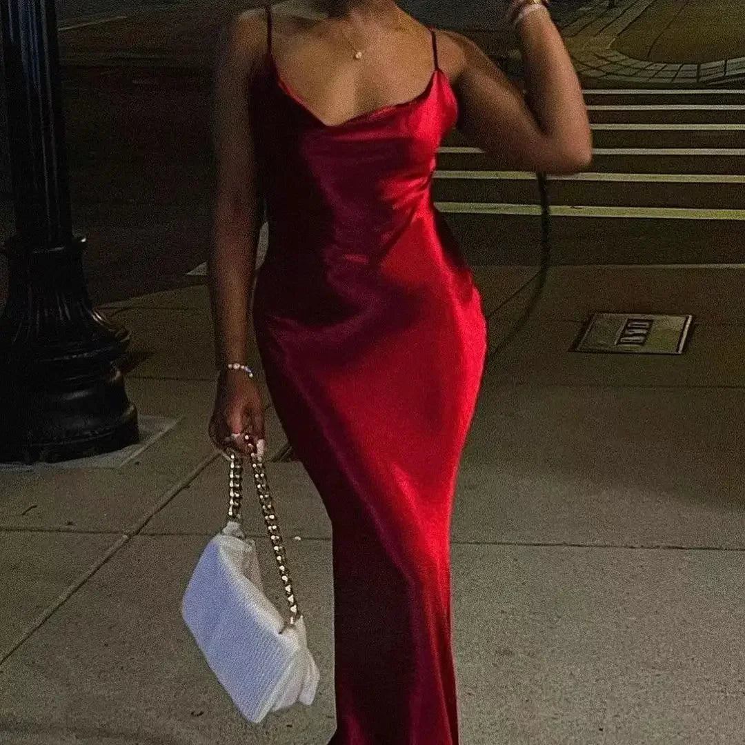 Elegant Satin Backless Maxi Dress For Women Gown Summer Spaghetti Strap Sleeveless Night Club Party Long Dress Vestido Red