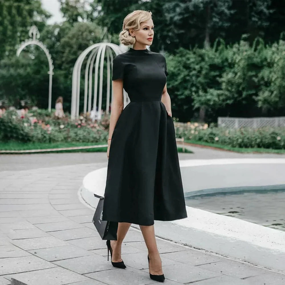 Women Elegant Black Dress Half High Collar High Waist A-Line Dresses Slim Fit Dress Office Lady Female Solid Vestidos